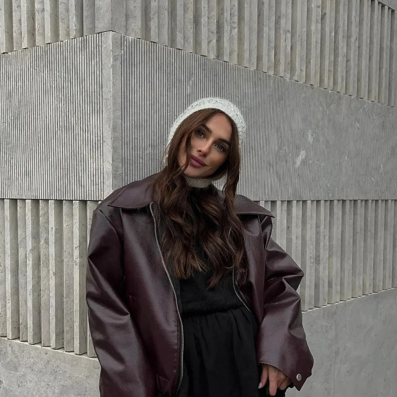 Damen Oversized Kunstlederjacke mit breitem Kragen und Reißverschluss EB