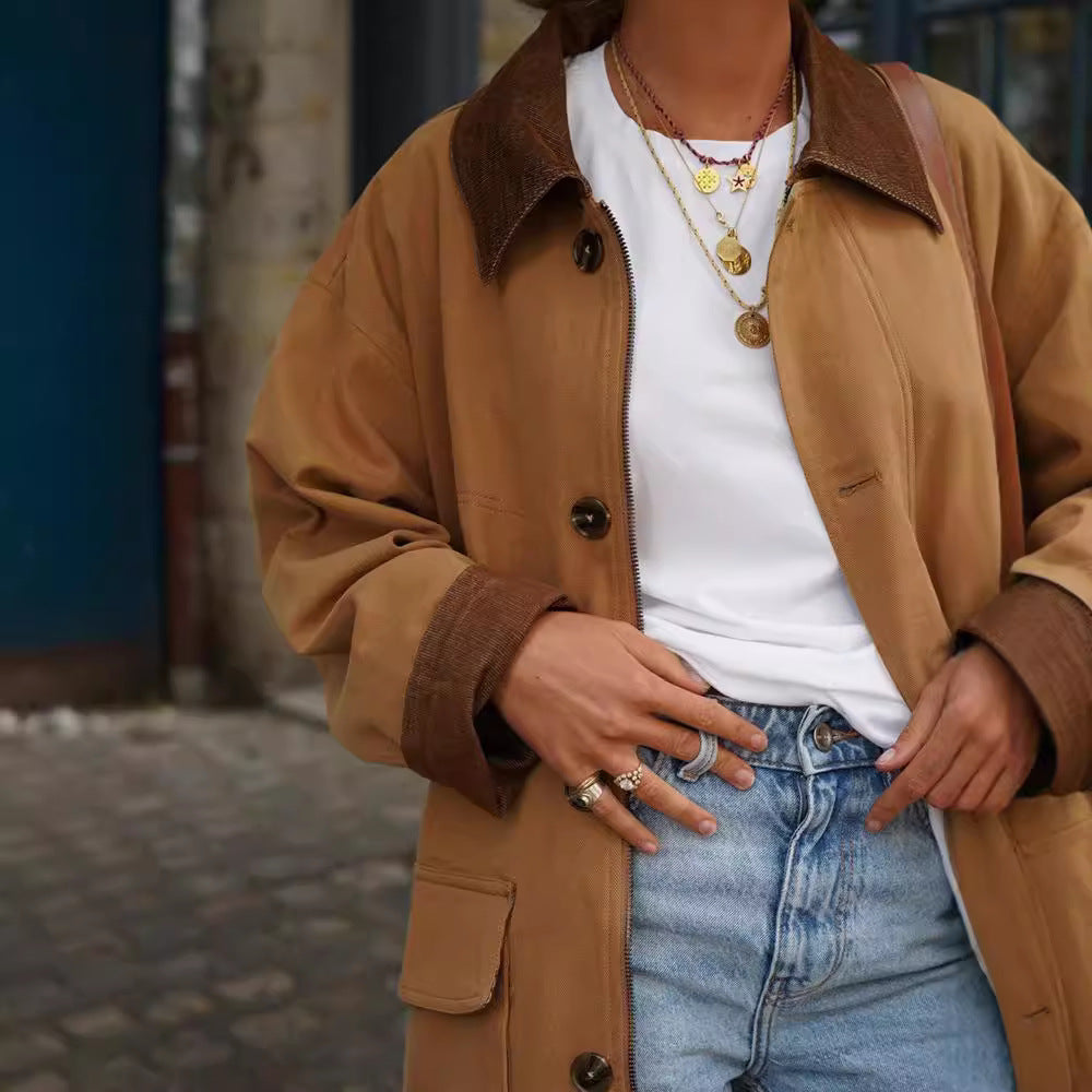 Damen lässige Baumwolljacke mit weichem Kragen und praktischen Taschen EB