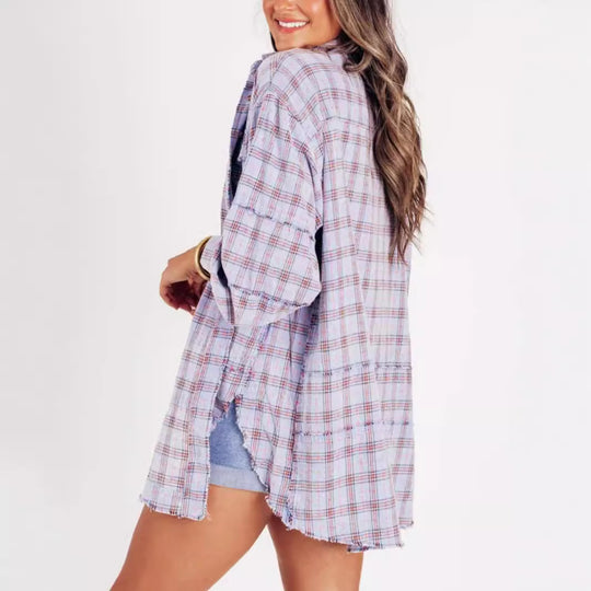 Damen nan oversized Karo-Überhemd mit Fransenbesatz, Brusttaschen und lockerer Passform EB
