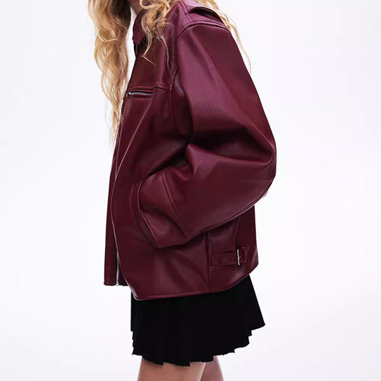 Damen modische Kunstlederjacke mit elastischem Saum und modernem Schnitt EB