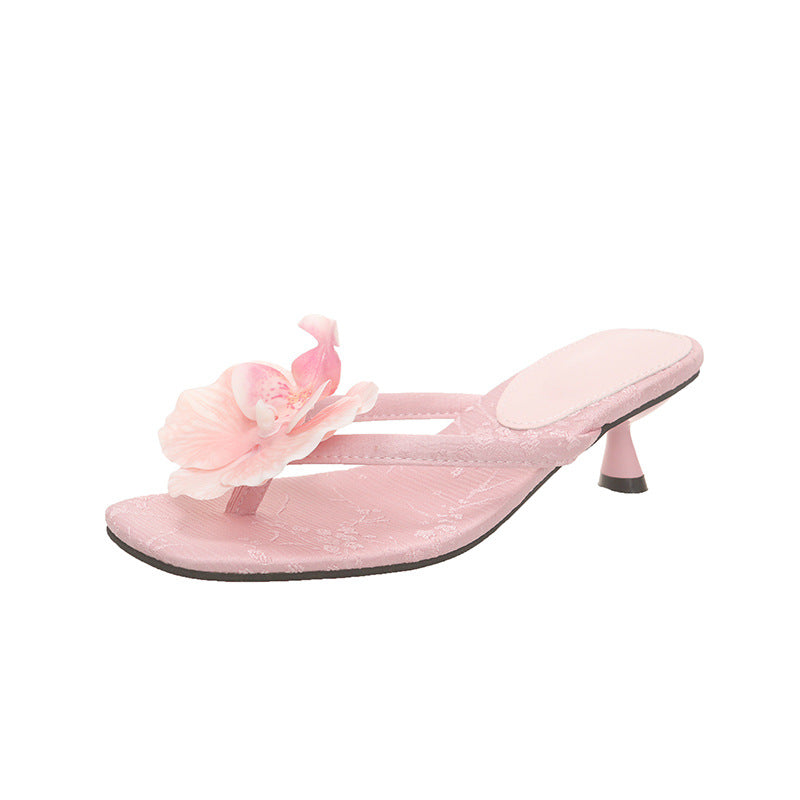 Damen elegante Zehentrenner mit floralem Dekor und modischem Absatz EB