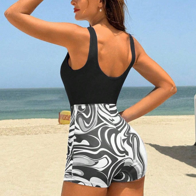 Damen Einteiler Badeanzug mit hochtaillierter Shorts und elegantem Muster EB