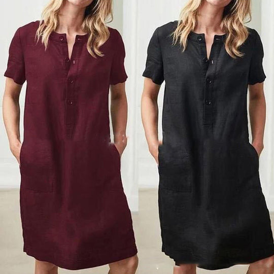 Damen lässiges Leinenkleid mit Knopfleiste und praktischen Taschen EB