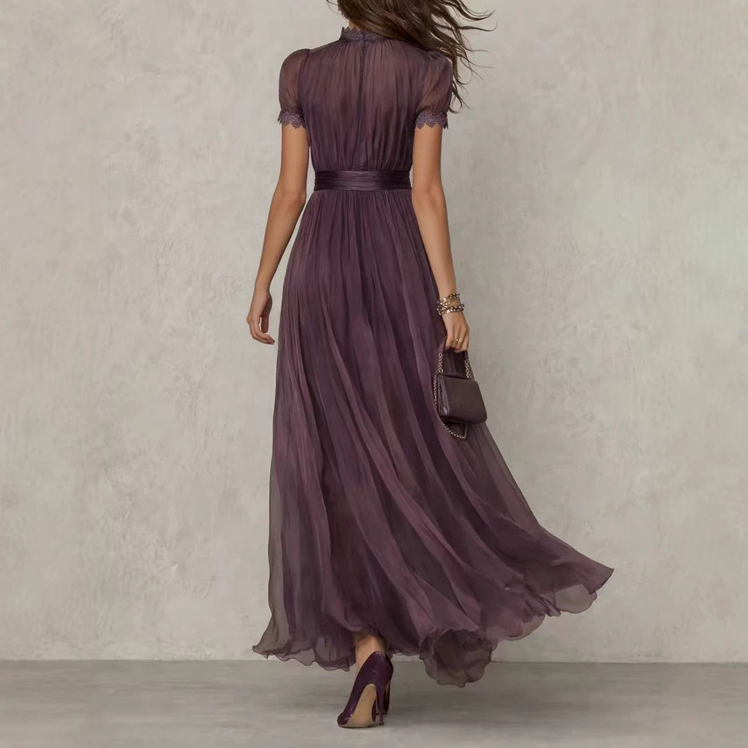 Damen nan langes Chiffon-Abendkleid mit Spitzen‑Stehkragen, Schlüsselöffnung und taillierter Schärpe EB