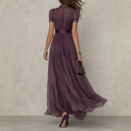 Damen nan langes Chiffon-Abendkleid mit Spitzen‑Stehkragen, Schlüsselöffnung und taillierter Schärpe EB