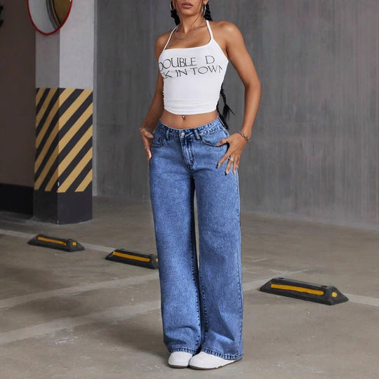 Damen Weite Jeanshose mit einzigartiger Schnürdetailgestaltung EB