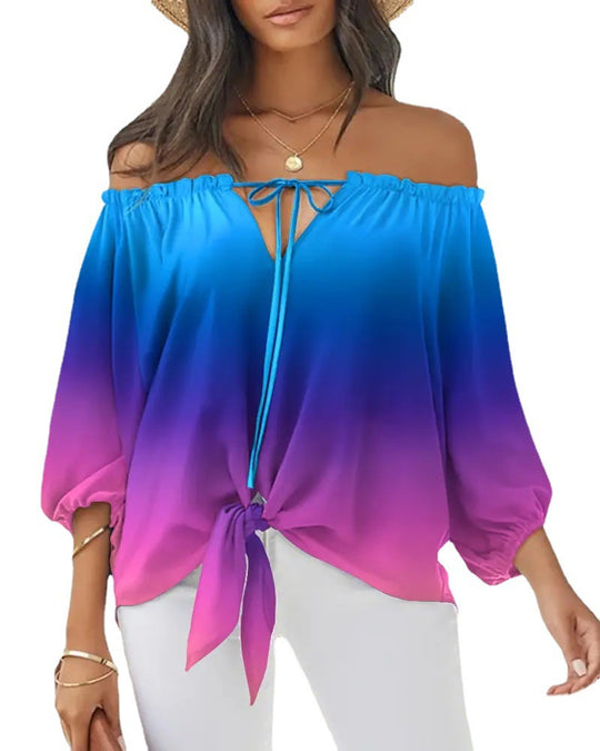 Damen Off-Shoulder Bluse mit floralem Design und Bindegürtel EB