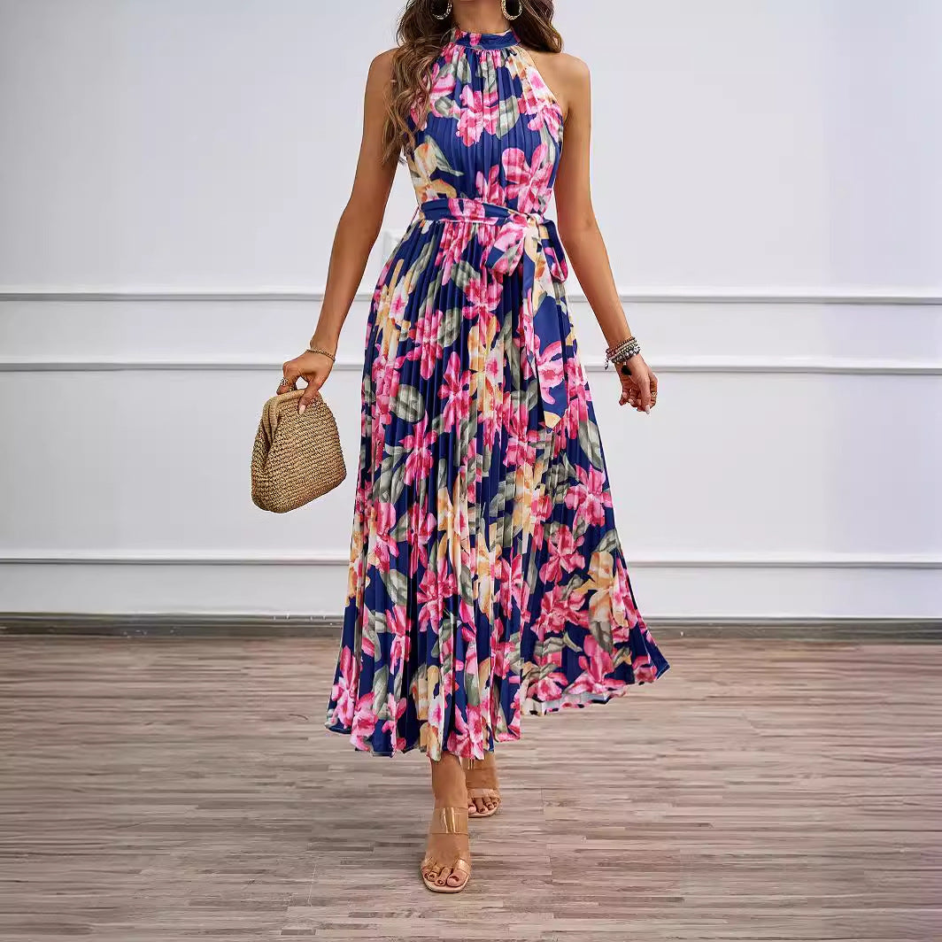 Damen Maxikleid mit detaillierter Plisseeverarbeitung und schickem Bindegürtel EB