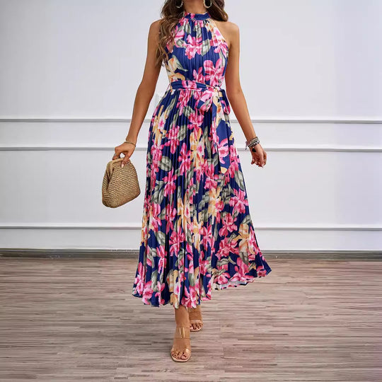 Damen Maxikleid mit detaillierter Plisseeverarbeitung und schickem Bindegürtel EB