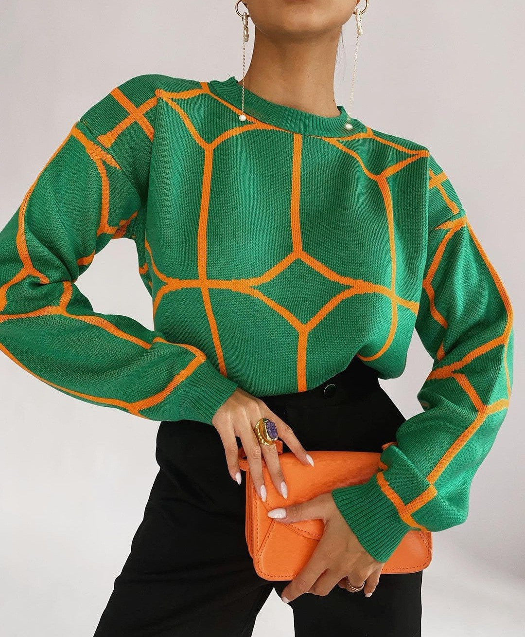 Damen Modischer Pullover mit geometrischem Design und feiner Strickstruktur EB