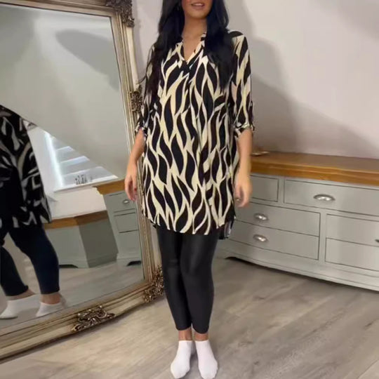 Damen lange Bluse im modernen Wellenmuster mit eleganten Details Heidi-Mode