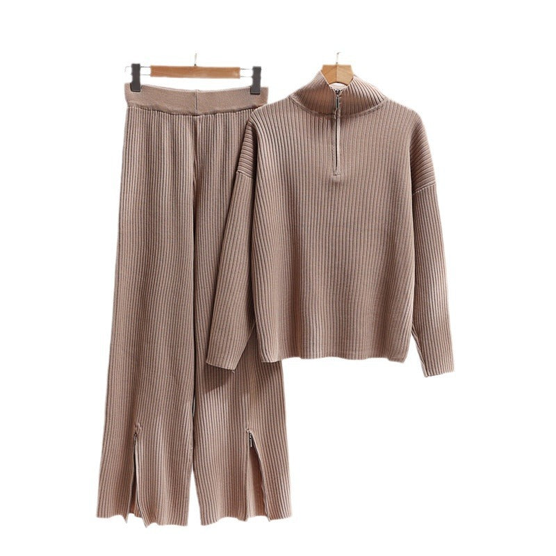 Damen lässiges Strickensemble mit hohem Kragen und seitlichen Schlitzen EB