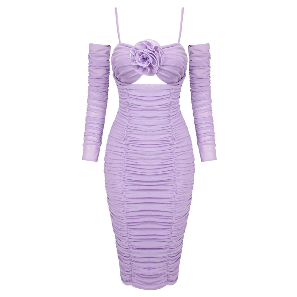 Damen figurbetontes Cocktailkleid mit Blumenapplikation und eleganten Rüschen EB