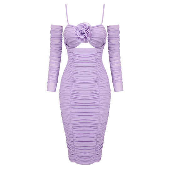 Damen figurbetontes Cocktailkleid mit Blumenapplikation und eleganten Rüschen EB