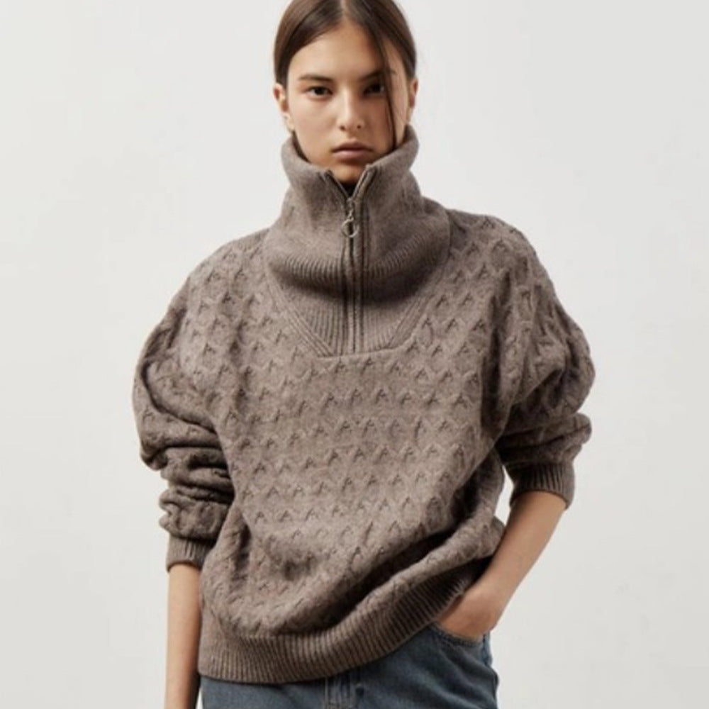 Damen Gemusterter Strickpullover mit hohem Kragen und Halbreißverschluss EB