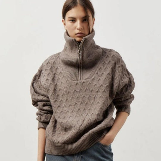 Damen Gemusterter Strickpullover mit hohem Kragen und Halbreißverschluss EB