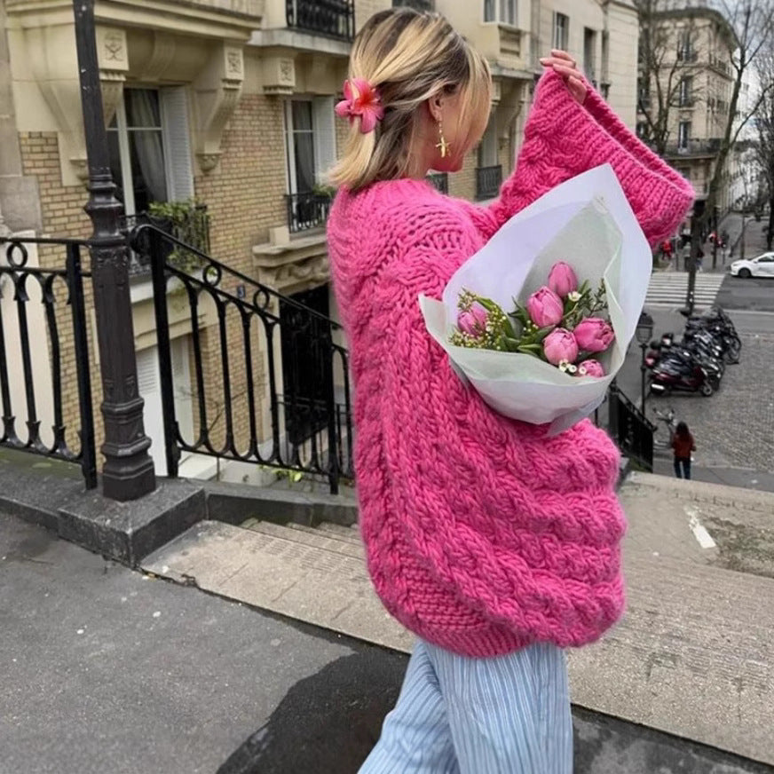 Damen oversize Strickpullover mit Zopfstrickmuster EB