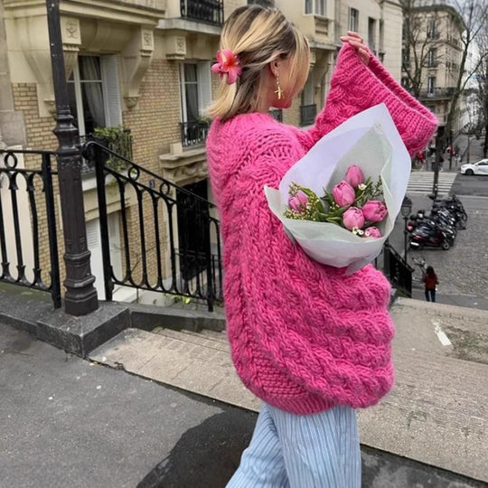 Damen oversize Strickpullover mit Zopfstrickmuster EB