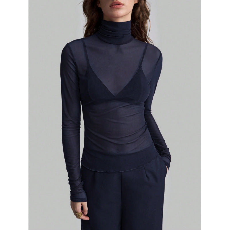 Damen Elegantes langärmliges transparentes Oberteil mit hohem Kragen EB
