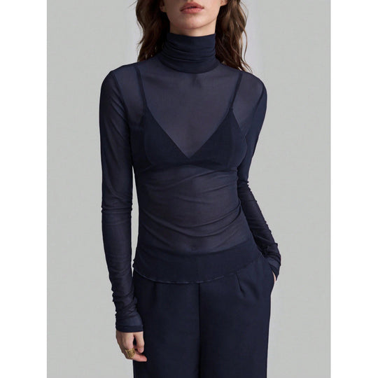 Damen Elegantes langärmliges transparentes Oberteil mit hohem Kragen EB