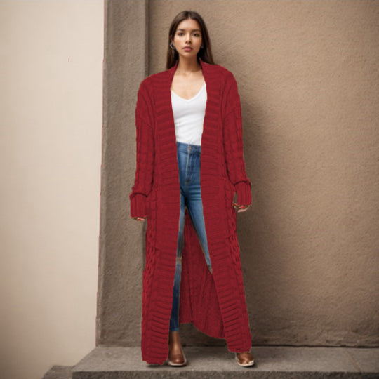 Damen Langer Strickcardigan mit raffiniertem Zopfdesign und praktischen Taschen EB