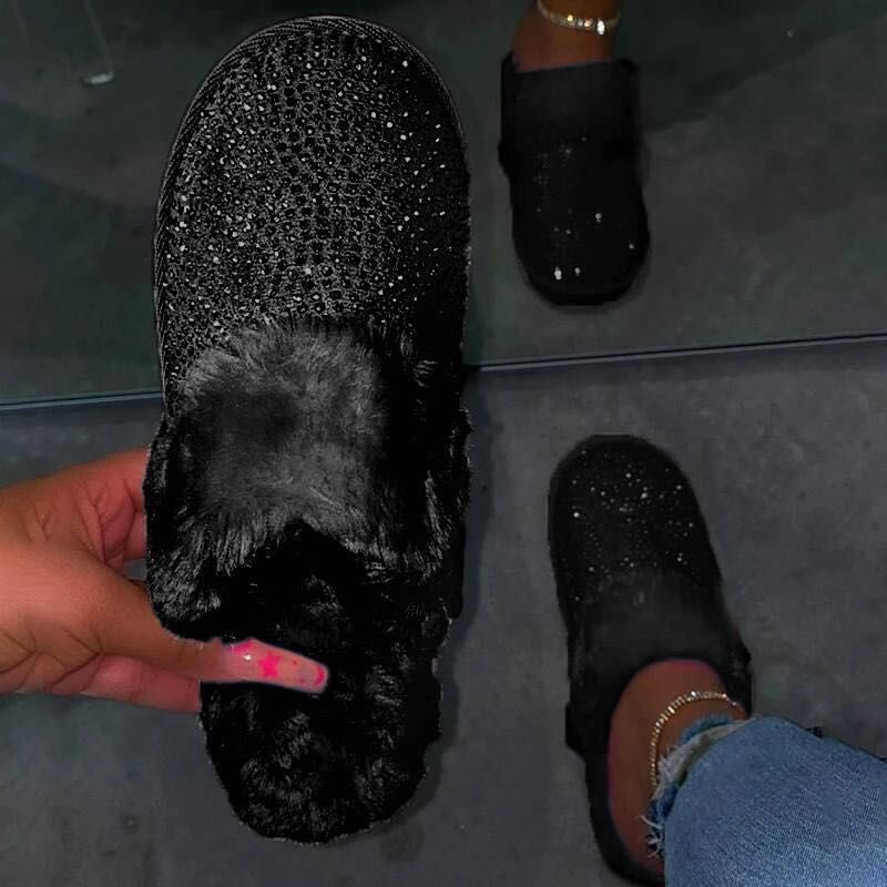Damen Glamouröse Hausschuhe mit Glitzer und weichem Fell EB