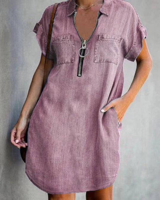Damen Chambray Kleid mit Reißverschluss und praktischen Taschen EB