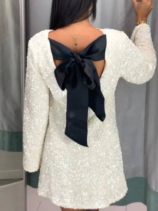 Damen Glamouröses Mini-Kleid mit glitzernden Pailletten und eleganten Puffärmeln EB