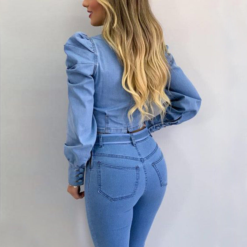Damen Jeans-Overall mit Puffärmeln und taillierbarem Gürtel EB