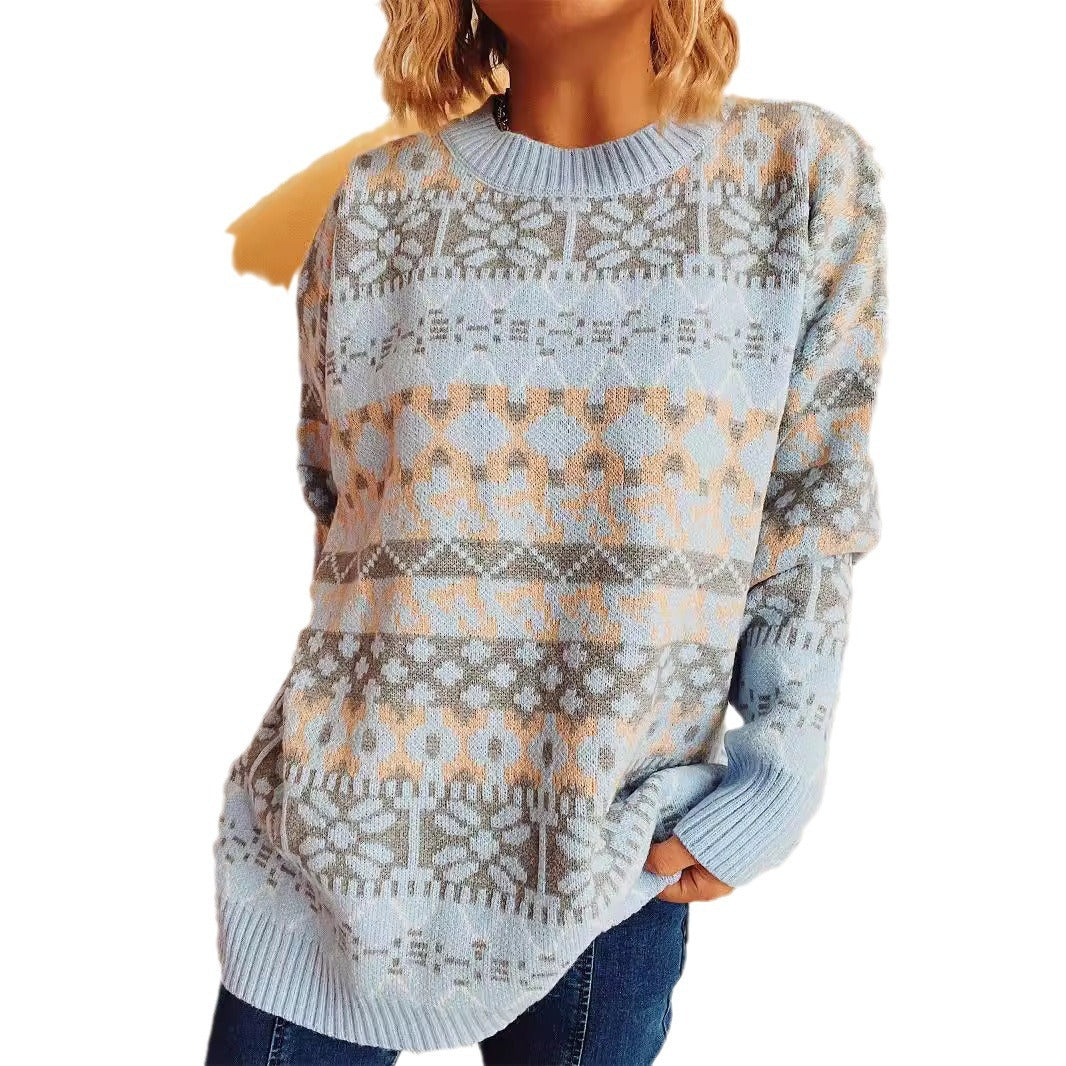 Damen gemütlicher Strickpullover mit winterlichem Muster und lässigem Schnitt EB