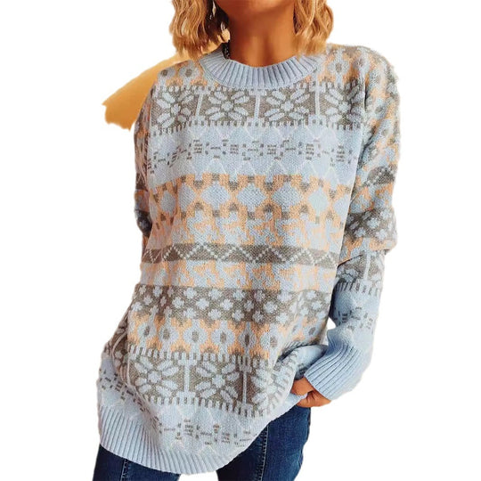 Damen gemütlicher Strickpullover mit winterlichem Muster und lässigem Schnitt EB