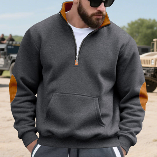 Herren nan isolierter Halbzip-Pullover mit Stehkragen Fleece-Innenfutter Kängurutasche und Wildleder-Ellenbogenpatches EB