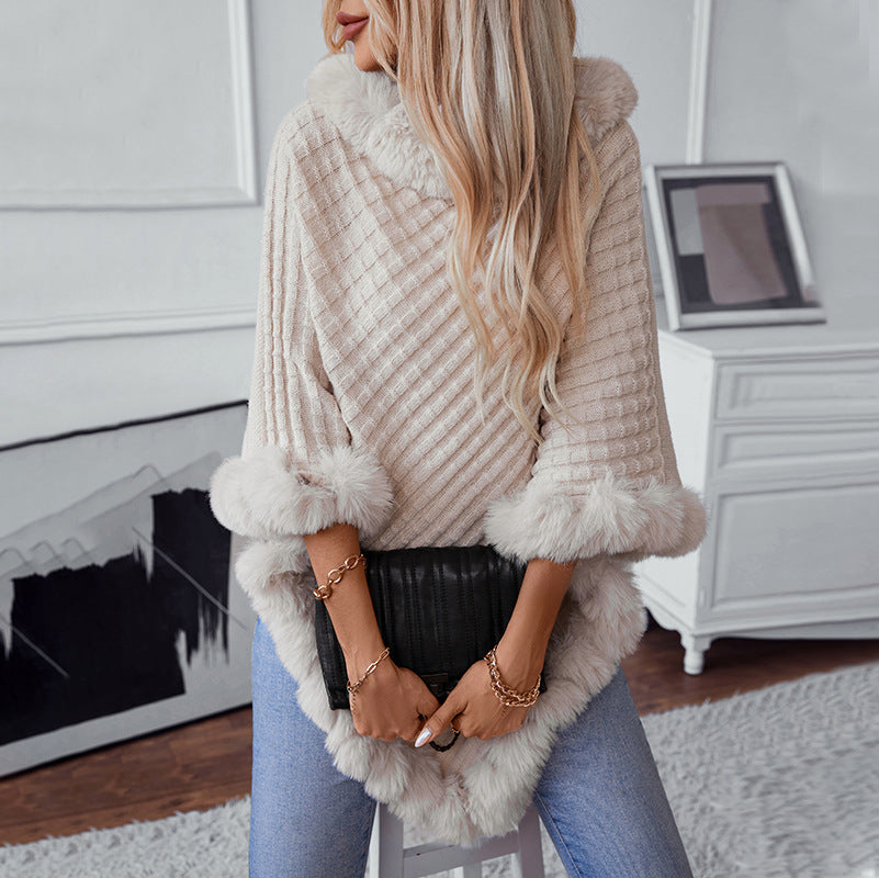 Damen kuschelige Strickdecke mit luxuriösem Kunstfellbesatz EB
