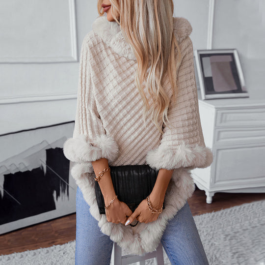 Damen kuschelige Strickdecke mit luxuriösem Kunstfellbesatz EB