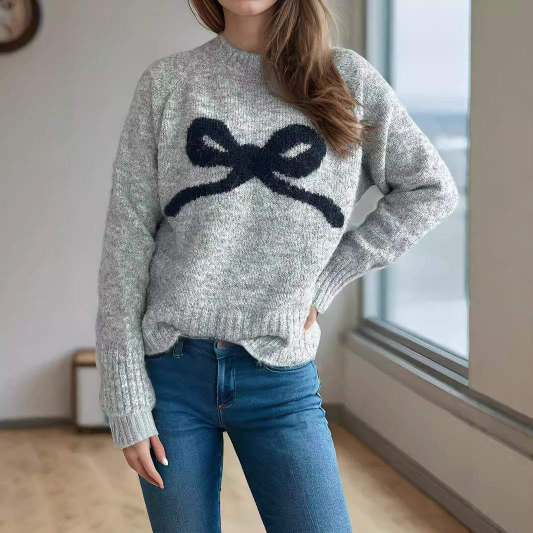 Damen gemütlicher Pullover mit verspieltem Schleifenmotiv EB