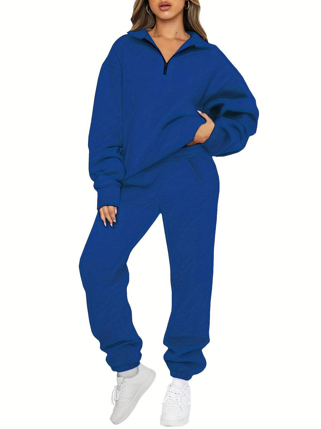 Damen nan zweiteiliges Relax-Set mit halbverdecktem Halbzip-Sweatshirt im Oversize-Schnitt und hohem Komfortbund Jogginghose EB