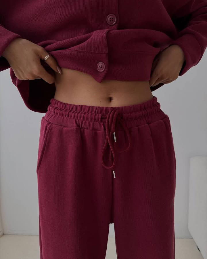 Damen Zweiteiliges Loungewear-Set aus Sweat mit geknöpfter Cropped-Jacke und weiter Kordelzughose EB
