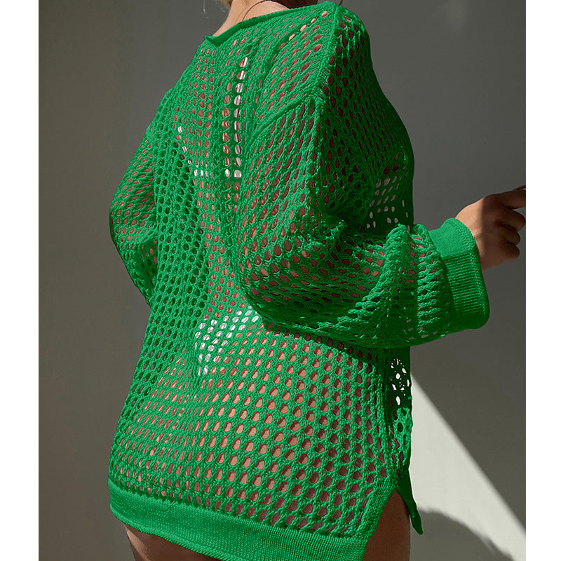Damen luftiger Grobstrick Pullover mit weitem Schnitt und offenen Ärmeln EB