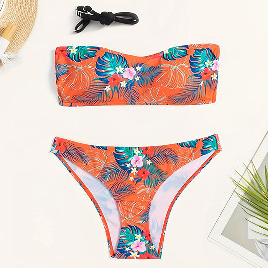 Damen Bandeau-Bikini mit tropischem Muster und elastischem Unterteil EB