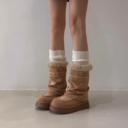 Damen Winterstiefel mit flauschigem Kragen und stilvollen Schneeflocken-Motiven EB