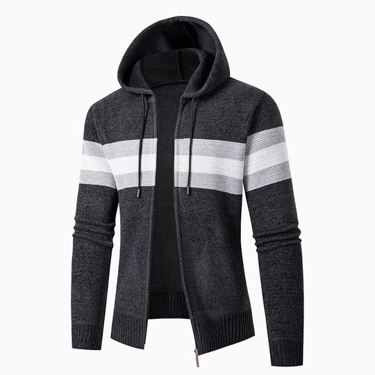 Herren lässiger Strickjacke mit Kapuze und Kontraststreifen EB
