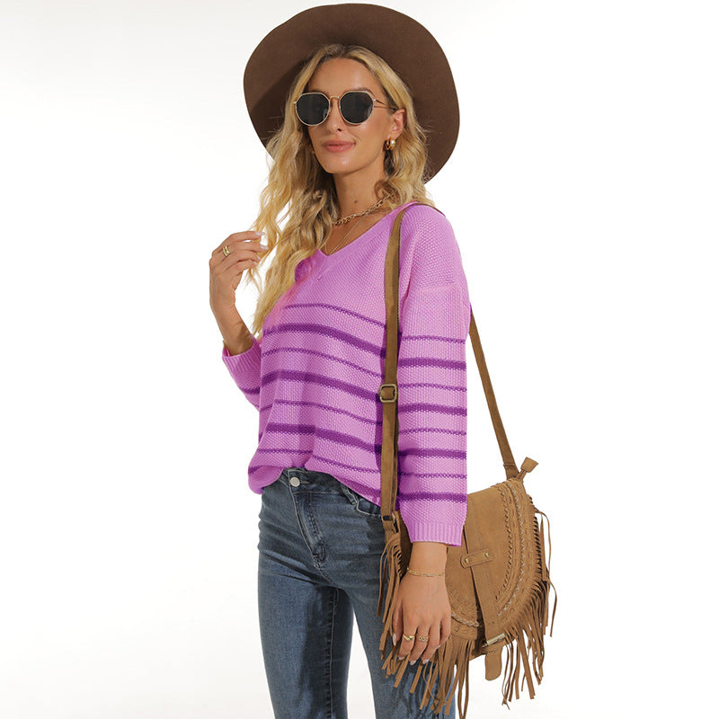 Damen lässiger Pullover mit modernem Streifenmuster und V-Ausschnitt EB