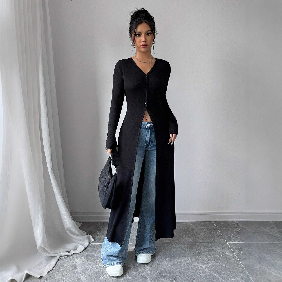 Damen Langstrickjacke mit V-Ausschnitt und Knopfverschluss EB
