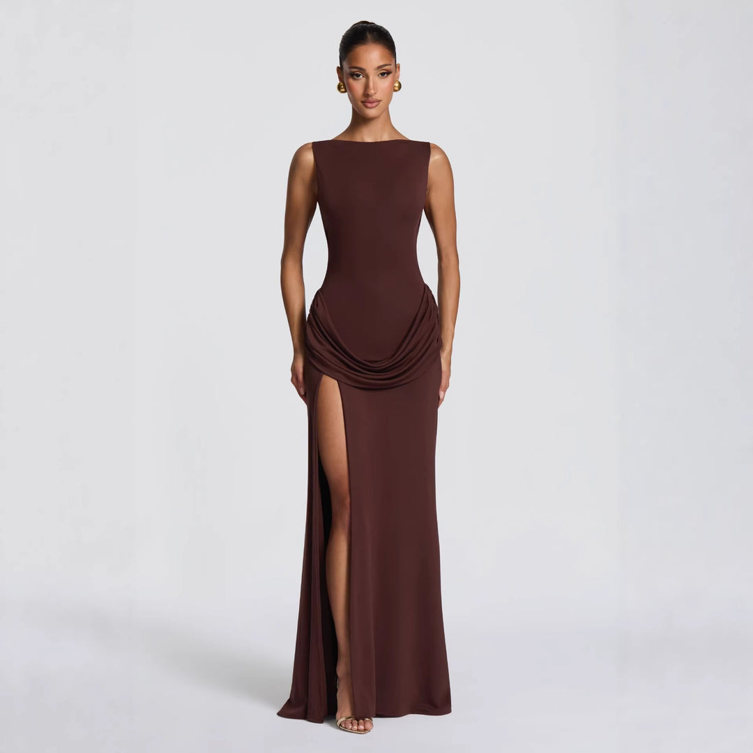 Damen elegantes Wickel-Maxikleid mit asymmetrischem Rüschendesign und sexy Schlitz EB