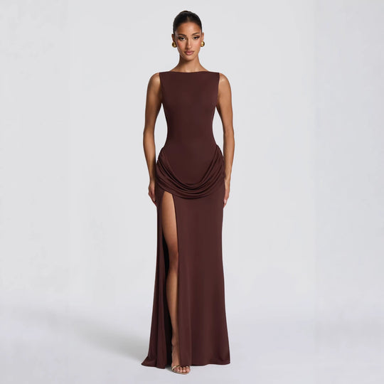 Damen elegantes Wickel-Maxikleid mit asymmetrischem Rüschendesign und sexy Schlitz EB