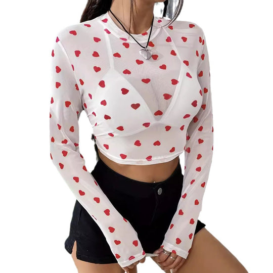 Damen Langarm-Crop-Top mit herzförmigem Design und transparentem Stoff EB