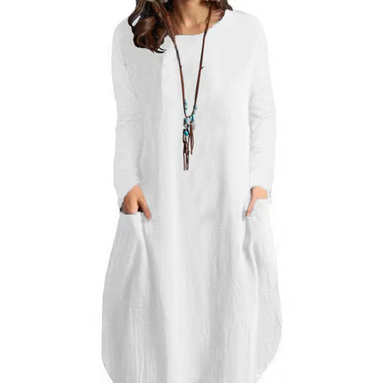 Damen lässiges Freizeitkleid mit seitlichen Taschen und Rundhalsausschnitt EB