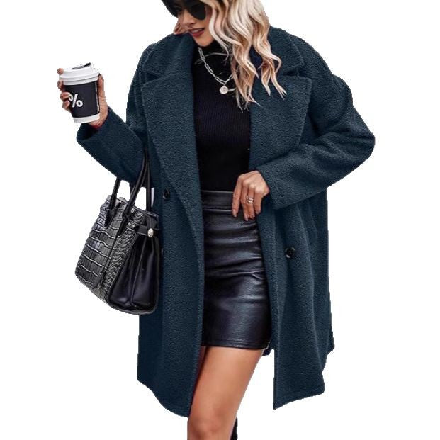 Damen Oversize Teddy-Mantel mit Reverskragen und Double-Breasted-Schnitt EB