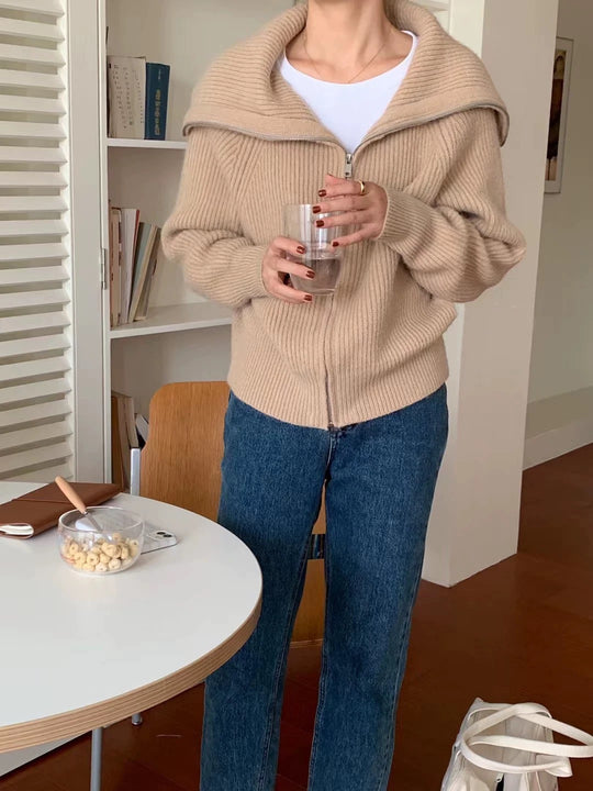Damen Modischer Oversized-Pullover mit Kragen und Reißverschluss EB
