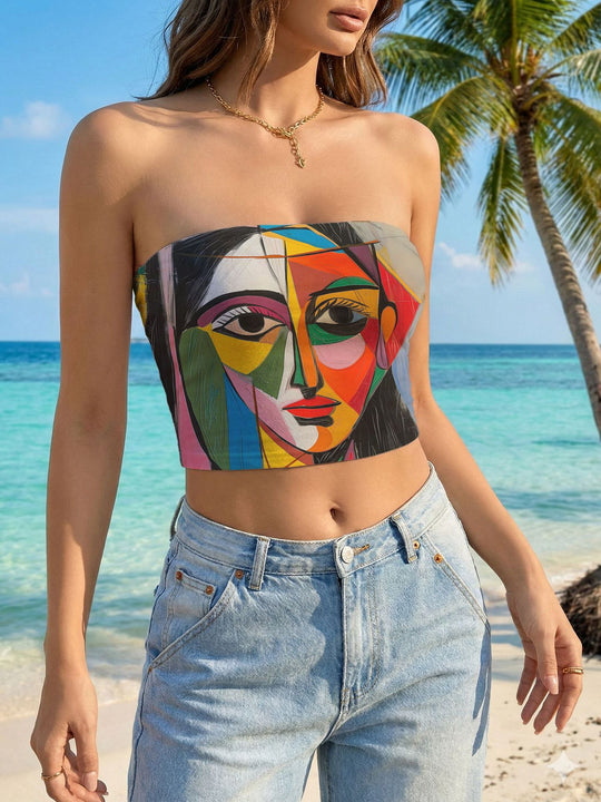 Damen Bandeau-Top mit floralem Vogelmotiv und elastischer Passform EB